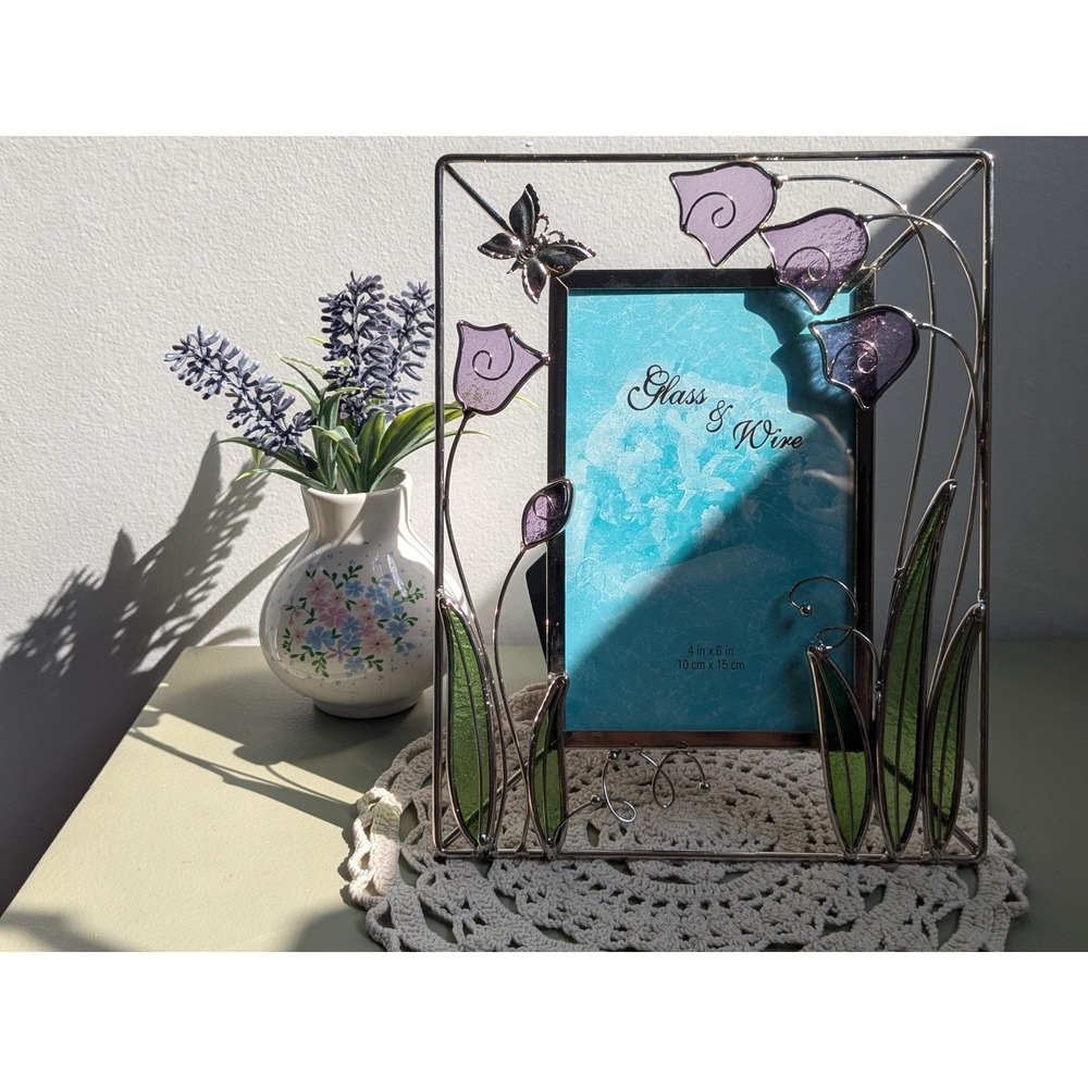 Glass & Wire Purple Calla Lily Photo Frame Butterfly Stained Glass Style 4x6